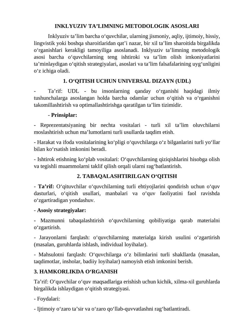 INKLYUZIV TA’LIMNING METODOLOGIK ASOSLARI
