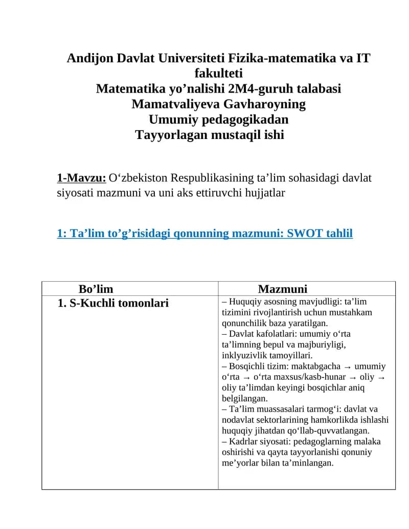 O‘zbekiston Respublikasining Ta’lim Siyosati