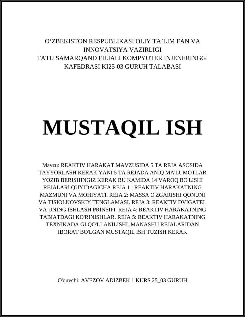REAKTIV HARAKAT MAVZUSI