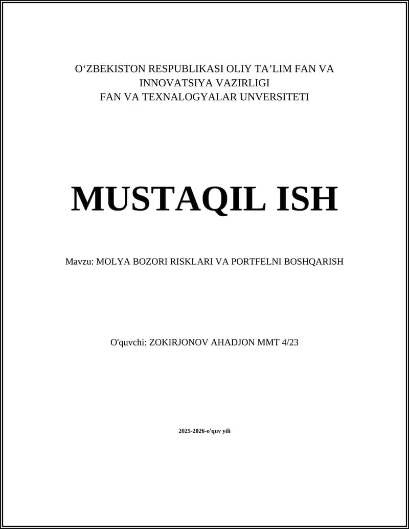 MOLYA BOZORI RISKLARI VA PORTFELNI BOSHQARISH