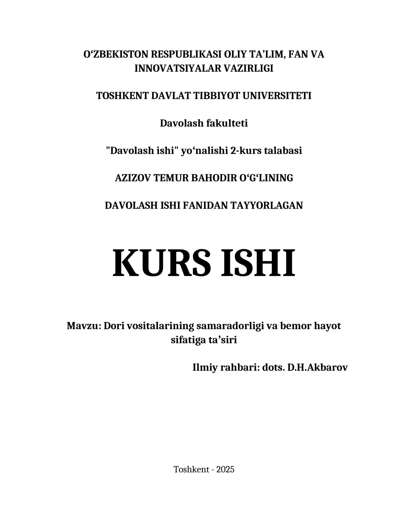 DAVOLASH ISHI FANIDAN TAYYORLAGAN KURS ISHI