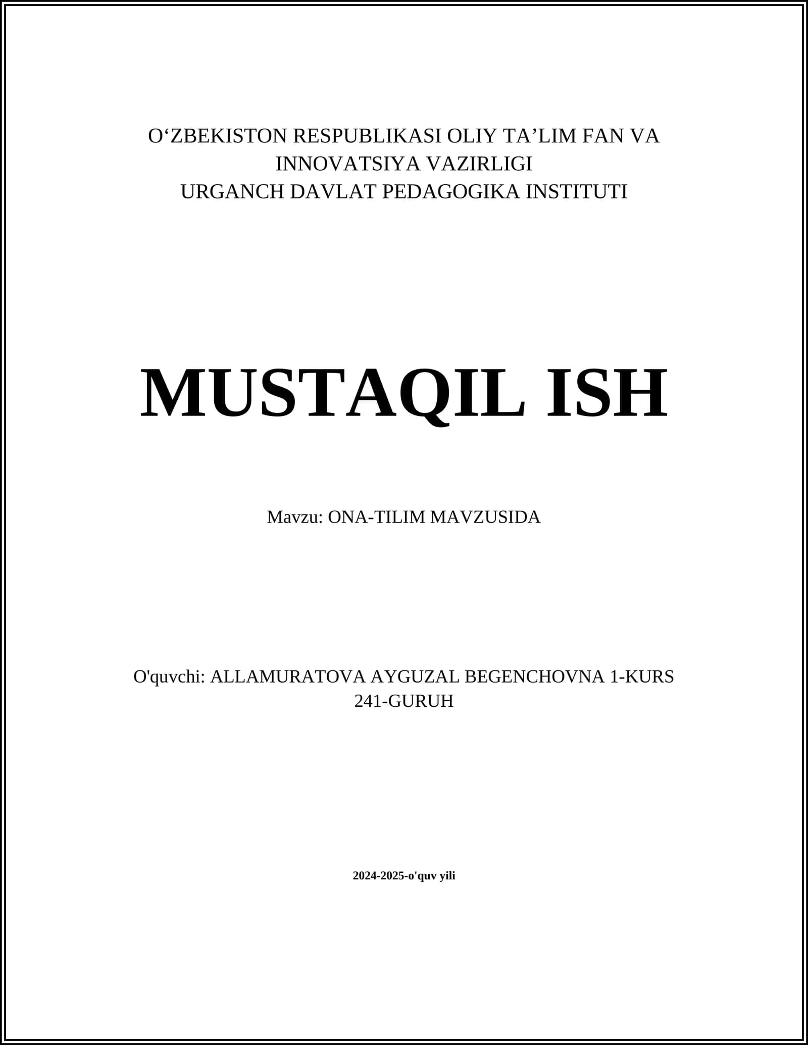 ONA-TILIM MAVZUSIDA