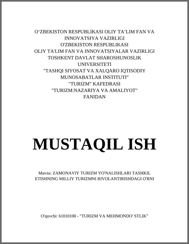 Zamonaviy Turizm Yonalishlari