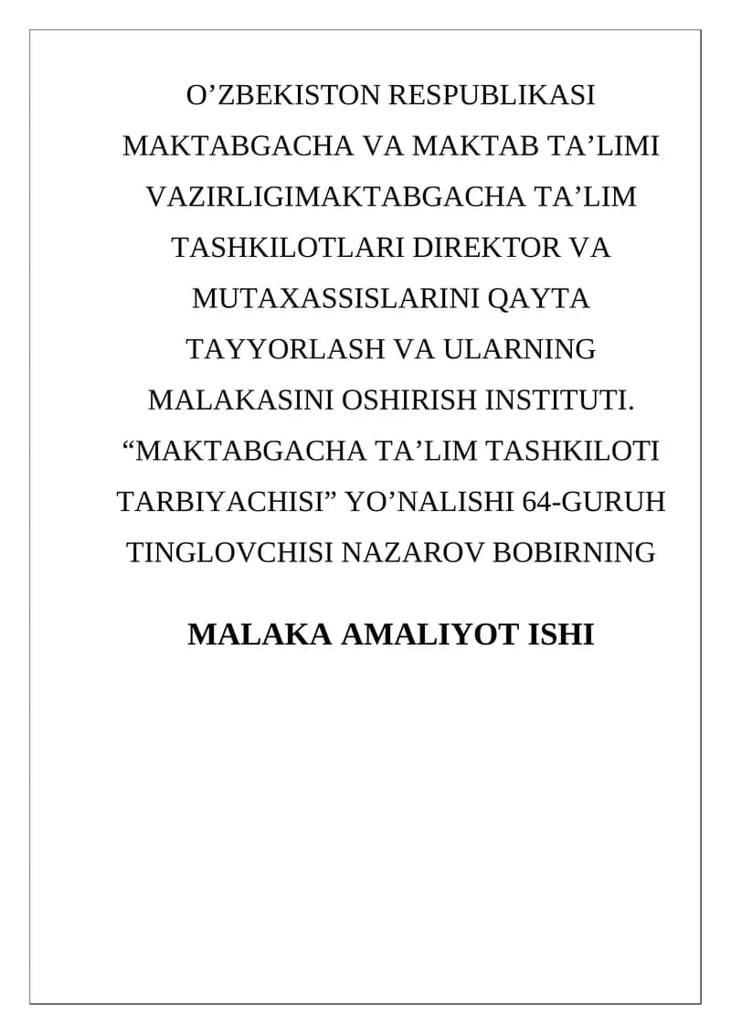 "MAKTABGACHA TA’LIM TASHKILOTI TARBIYACHISI"
