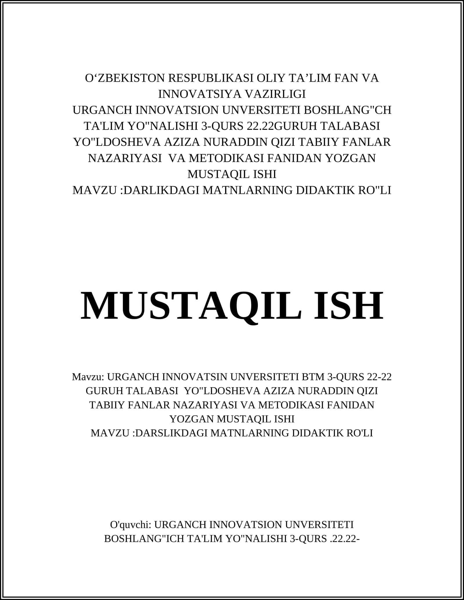 DARSLIKDAGI MATNLARNING DIDAKTIK RO"LI
