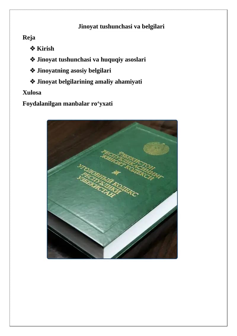 Jinoyat tushunchasi va belgilari