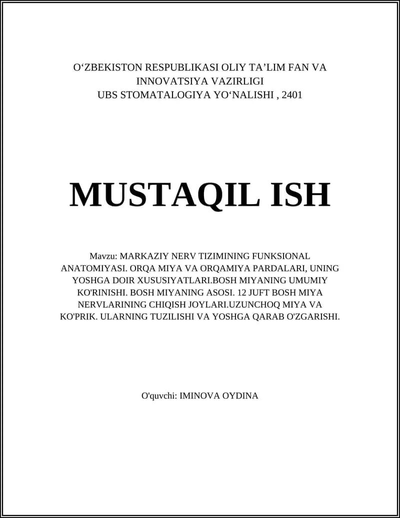 MARKAZIY NERV TIZIMINING FUNKSIONAL ANATOMIYASI