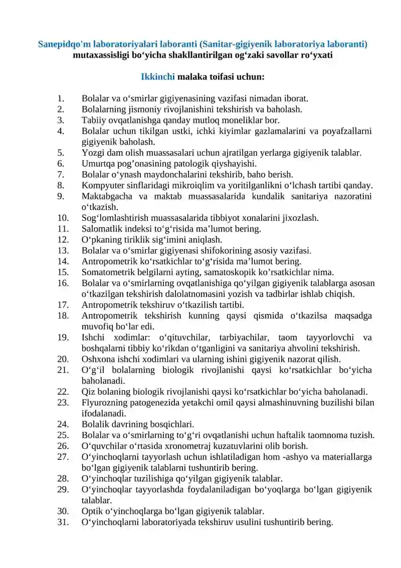 Sanitar-gigiyenik laboratoriya laboranti mutaxassisligi