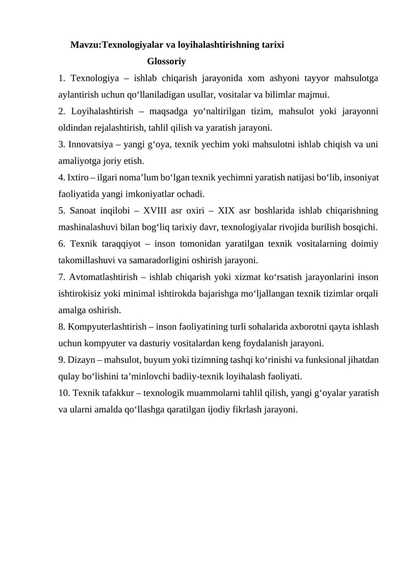 Texnologiyalar va loyihalashtirishning tarixi