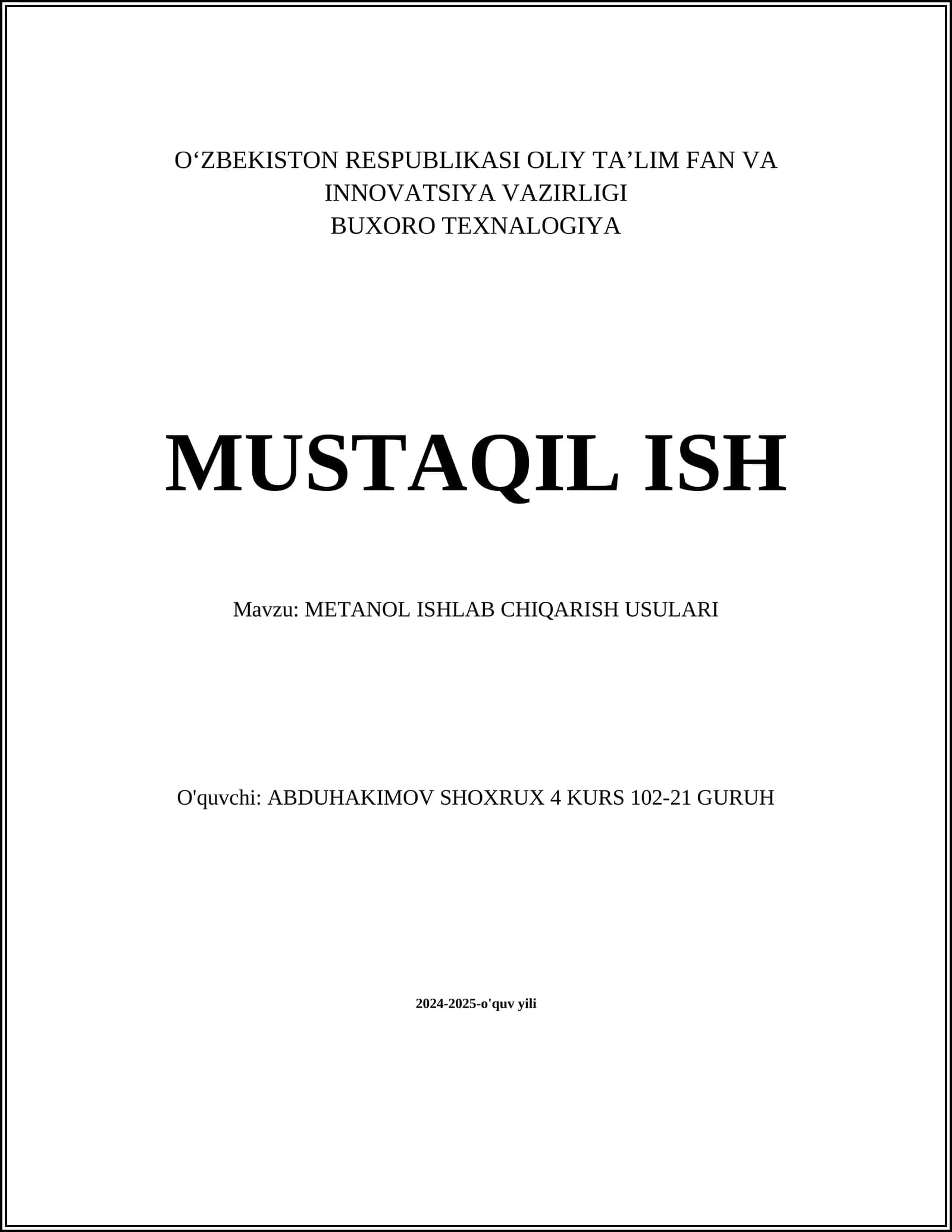 METANOL ISHLAB CHIQARISH USULARI