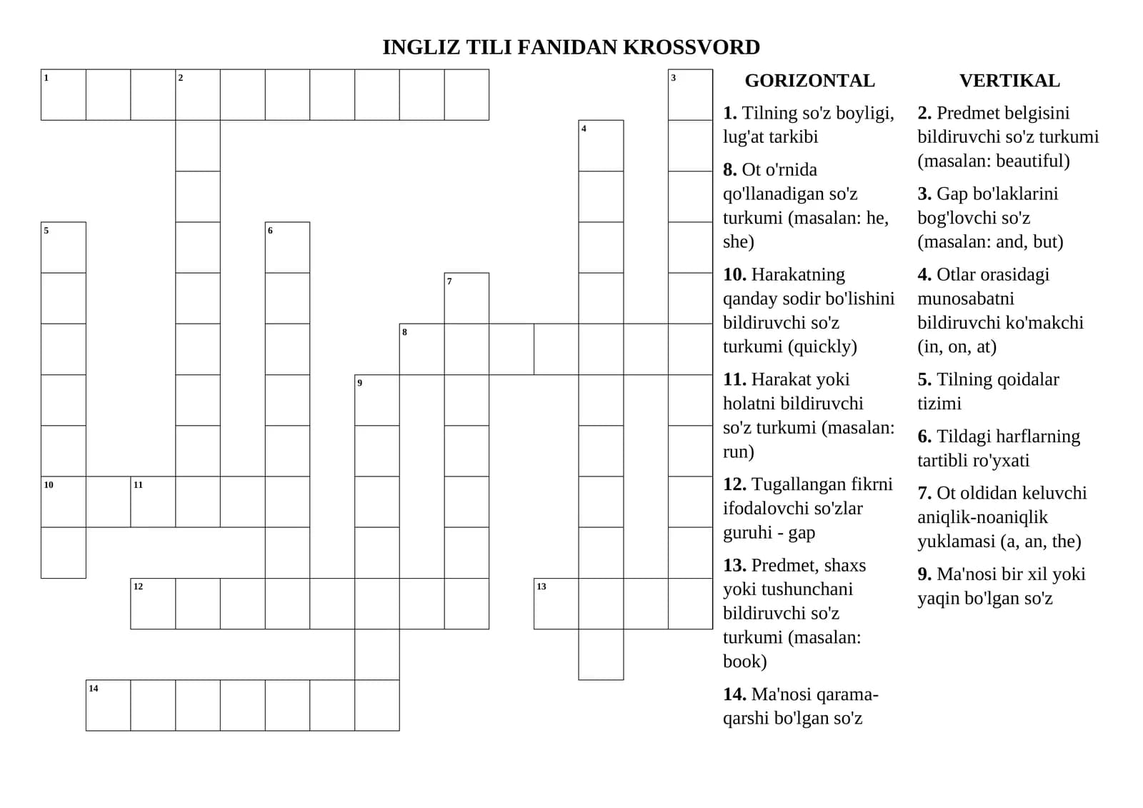 INGLIZ TILI FANIDAN KROSSVORD