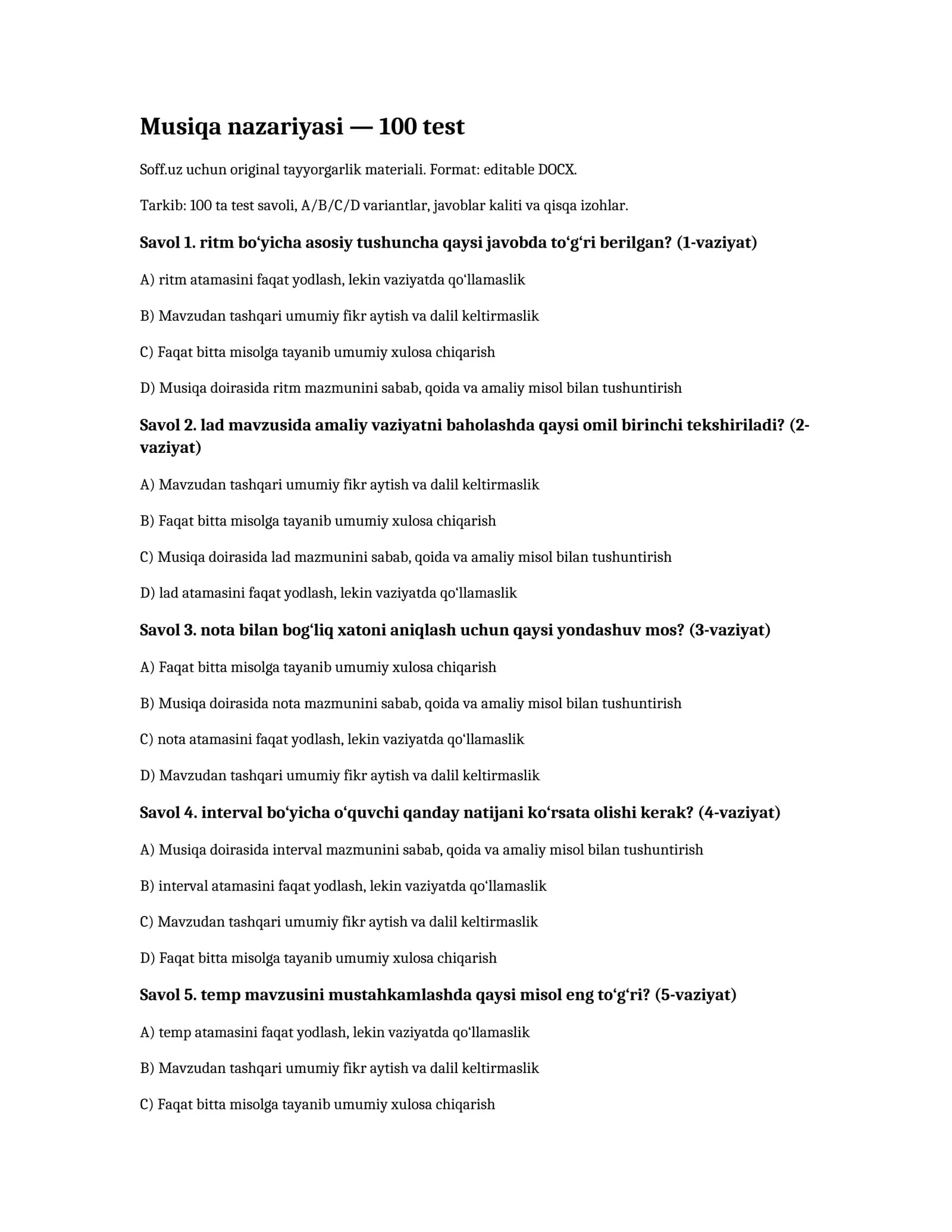 Musiqa nazariyasi — 100 test