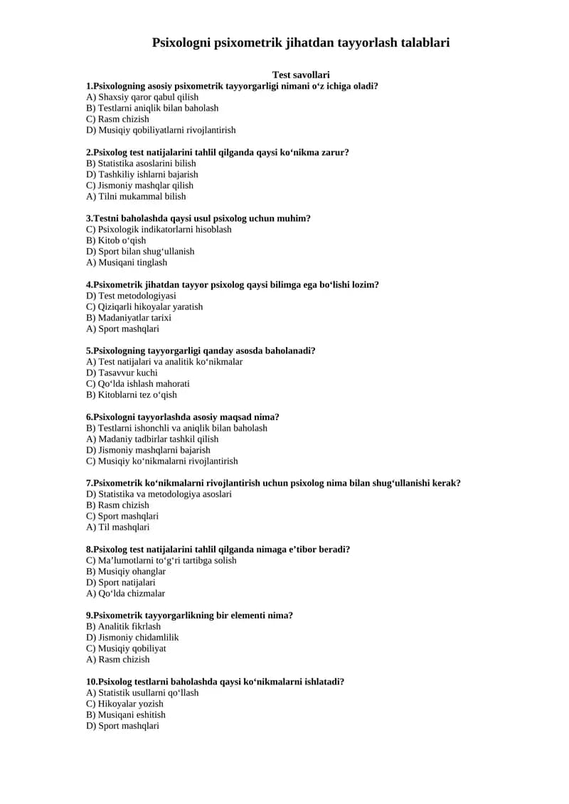 Psixologni psixometrik jihatdan tayyorlash talablari