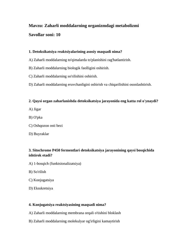 Zaharli moddalarning organizmdagi metabolizmi
