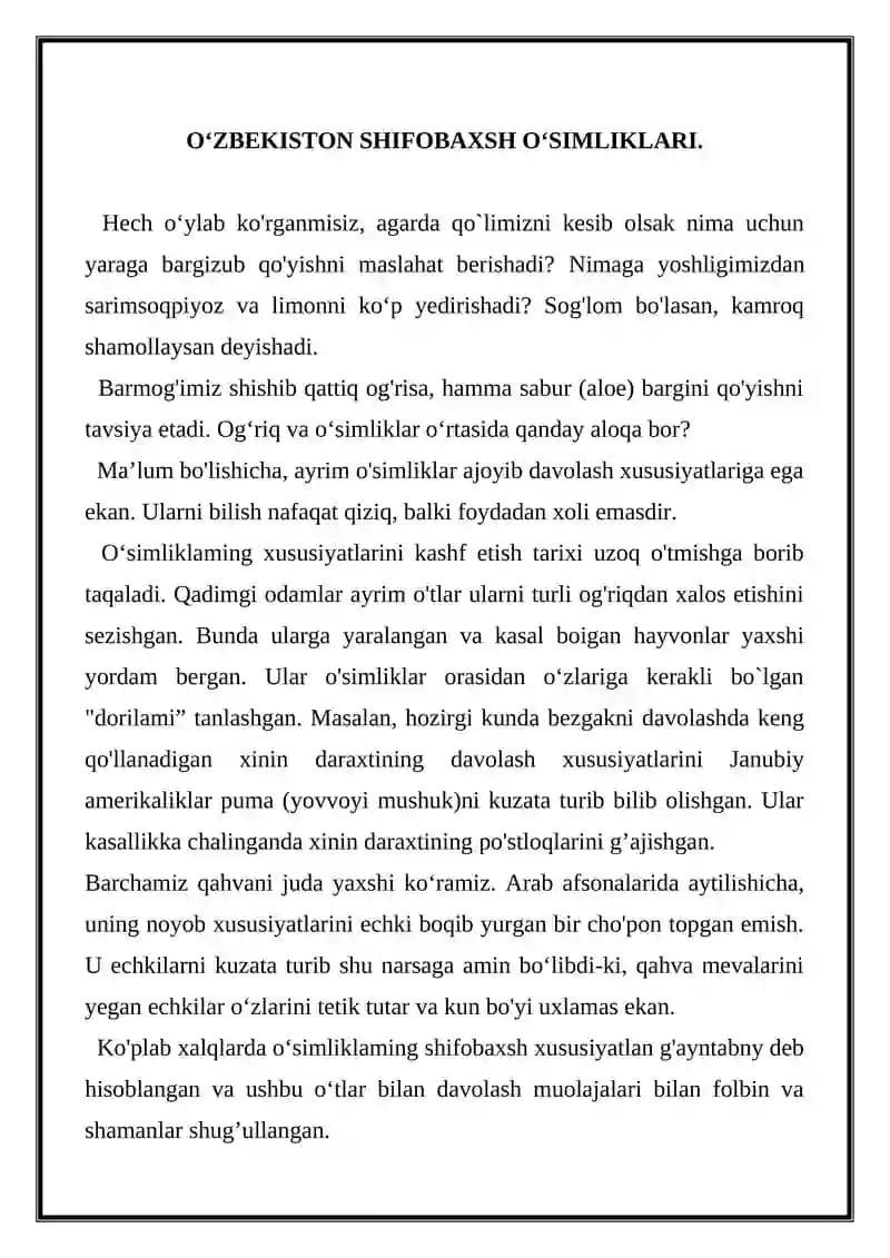O‘ZBEKISTON SHIFOBAXSH O‘SIMLIKLARI