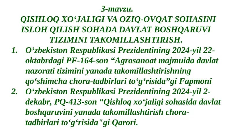 Qishloq xo'jaligi va oziq-ovqat sohasini isloq qilish sohada davlat boshqaruvini takomillashtirish