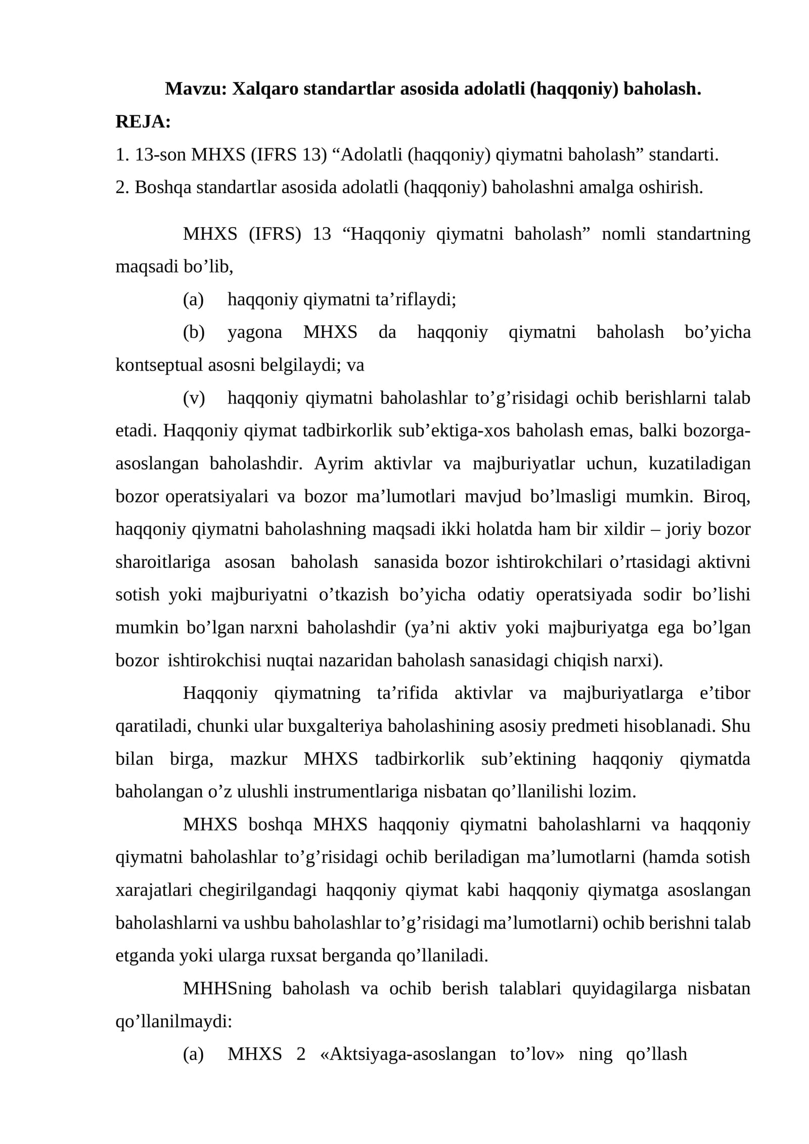 Xalqaro standartlar asosida adolatli (haqqoniy) baholash