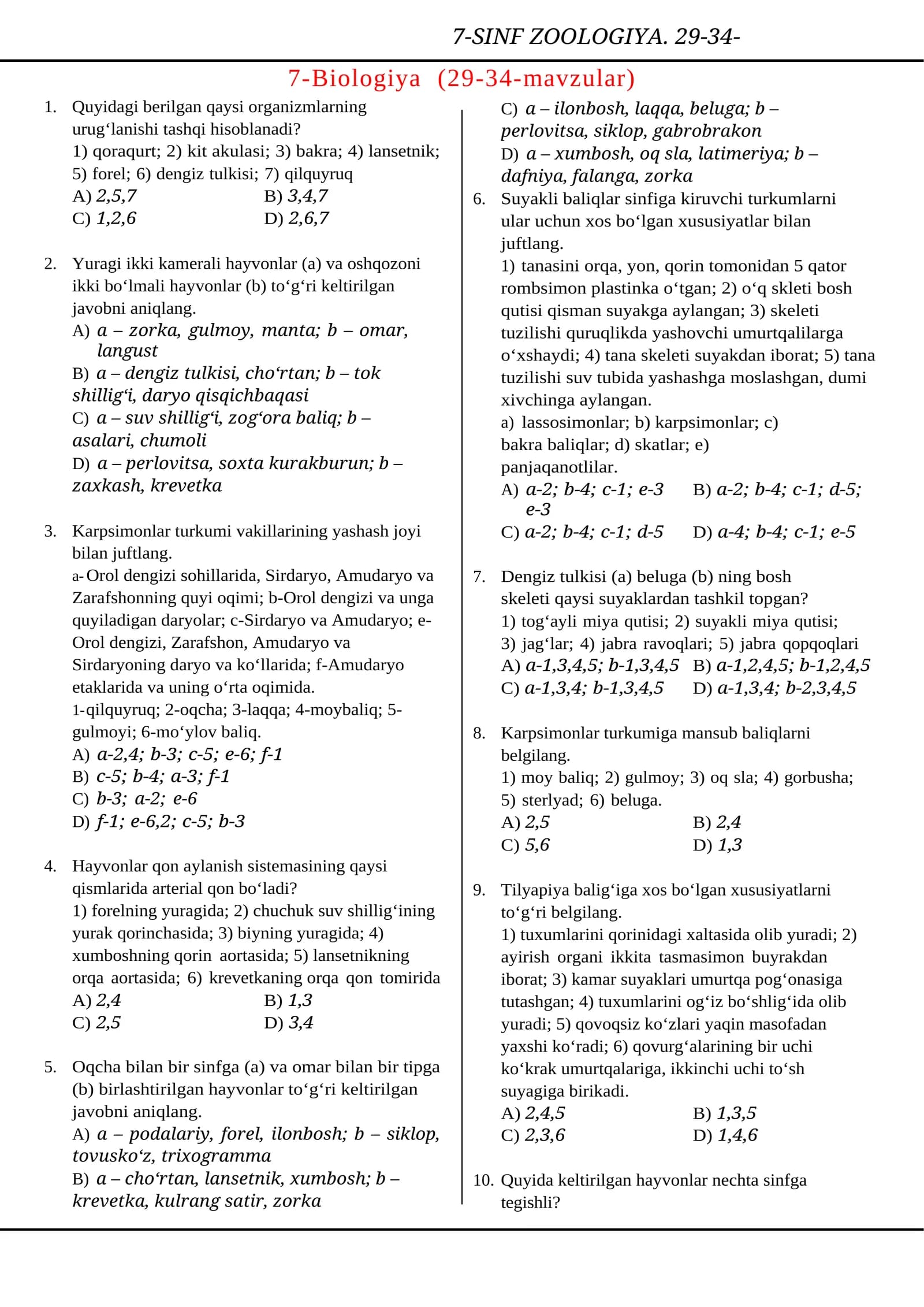7-SINF ZOOLOGIYA. 29-34-MAVZULAR