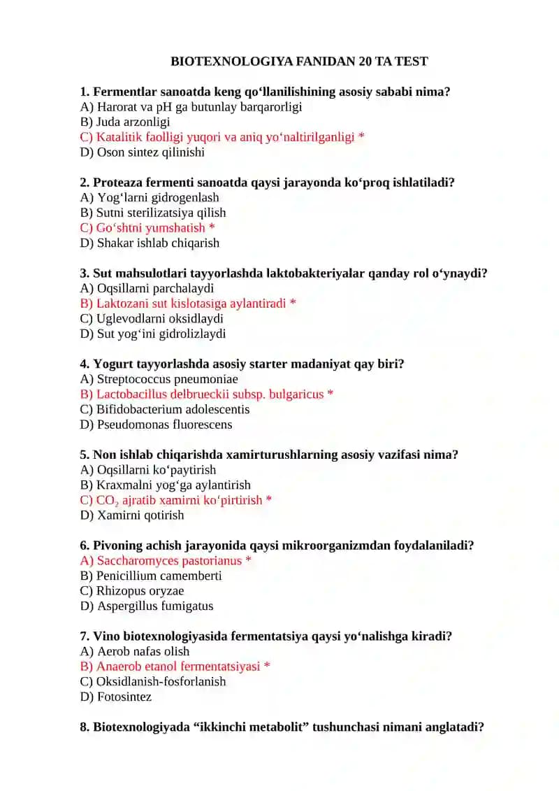 BIOTEXNOLOGIYA FANIDAN 20 TA TEST