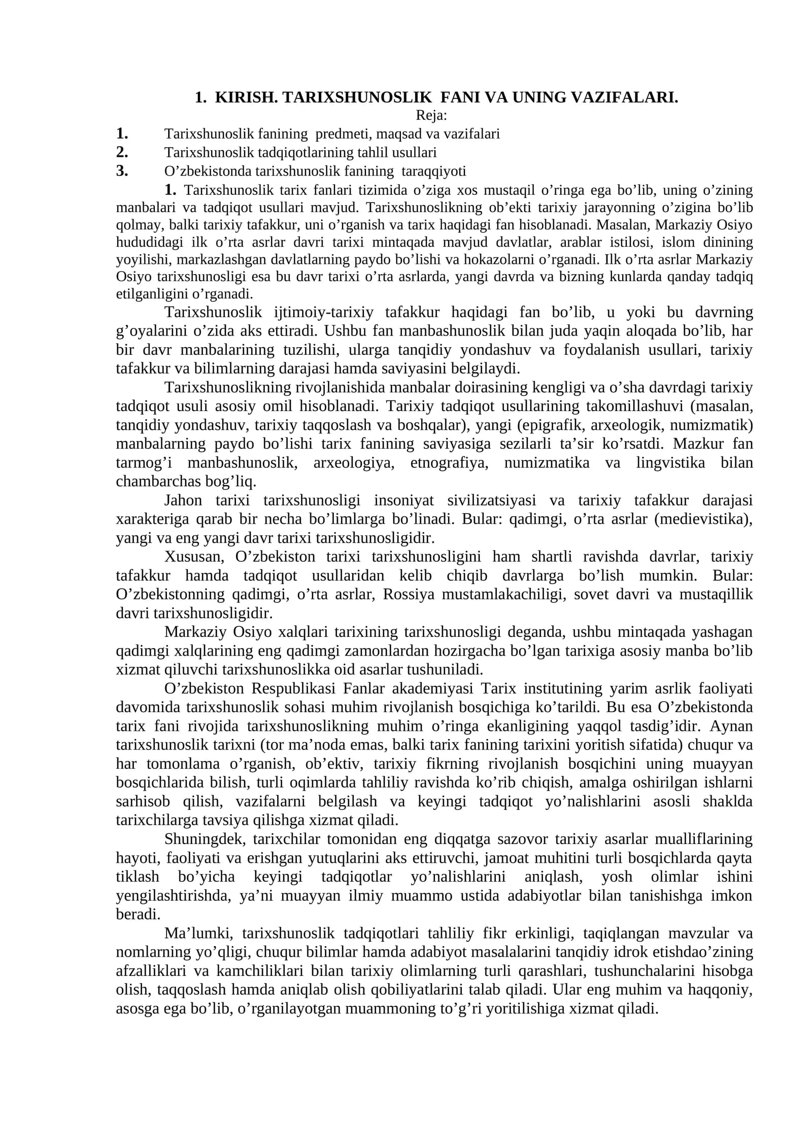 TARIXSHUNOSLIK FANI VA UNING VAZIFALARI