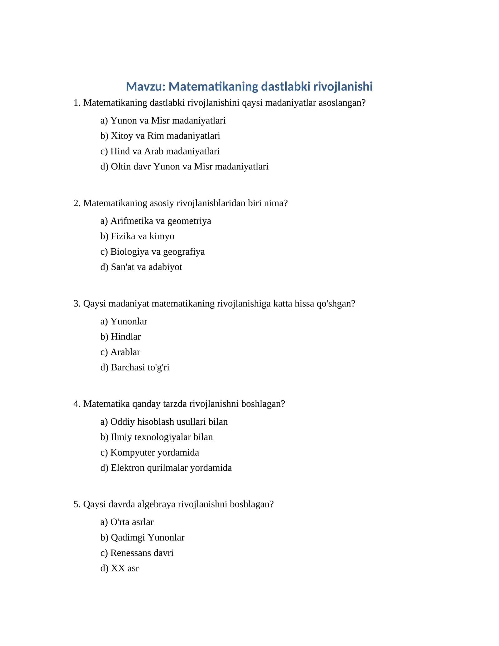 Matematikaning dastlabki rivojlanishi