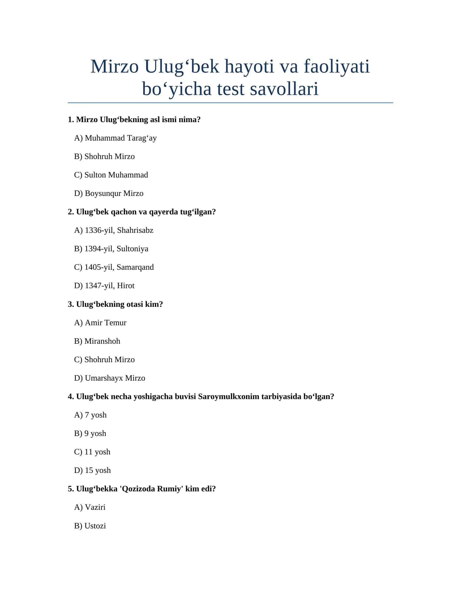 Mirzo Ulugbek Testlar 30