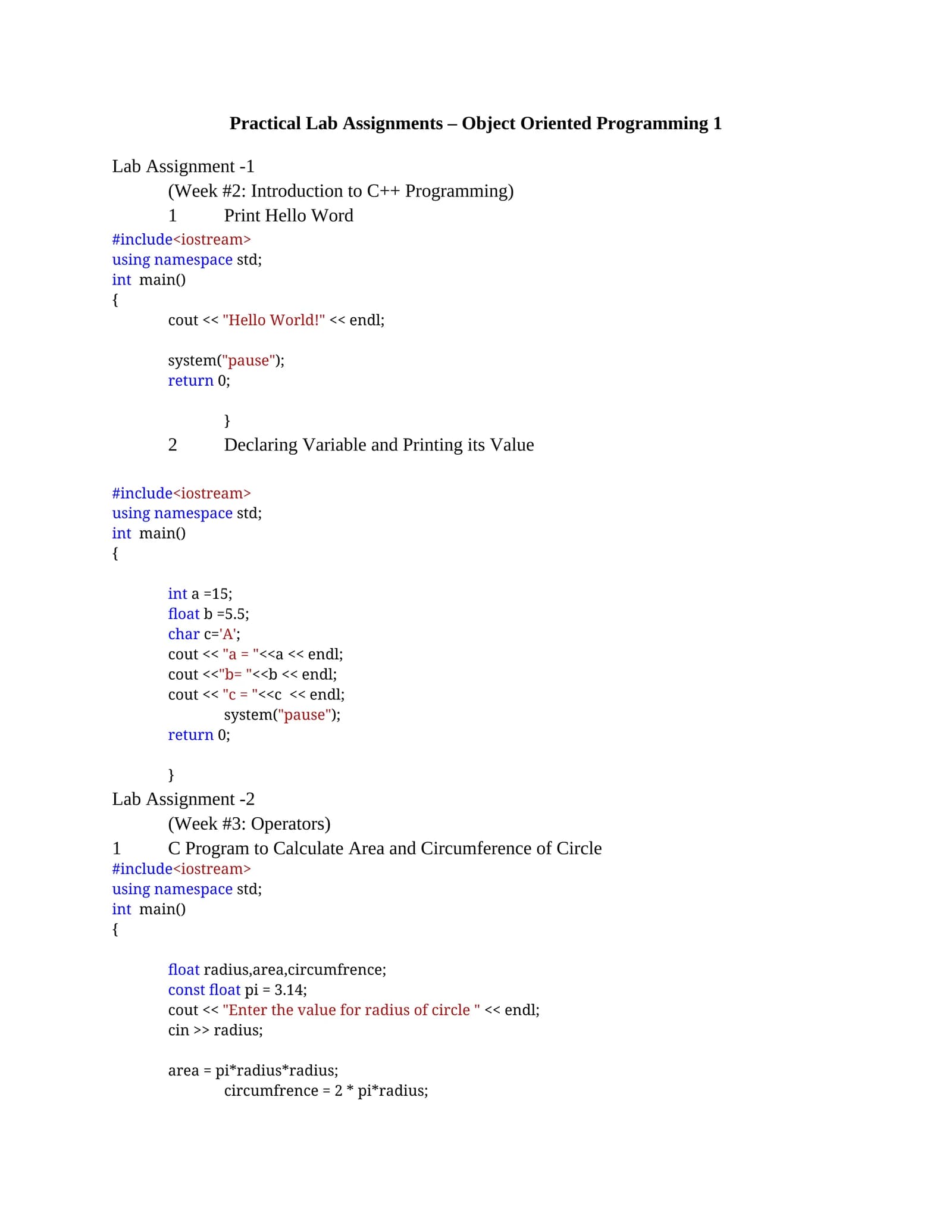Practical Lab Assignments – Object Oriented Programming 1