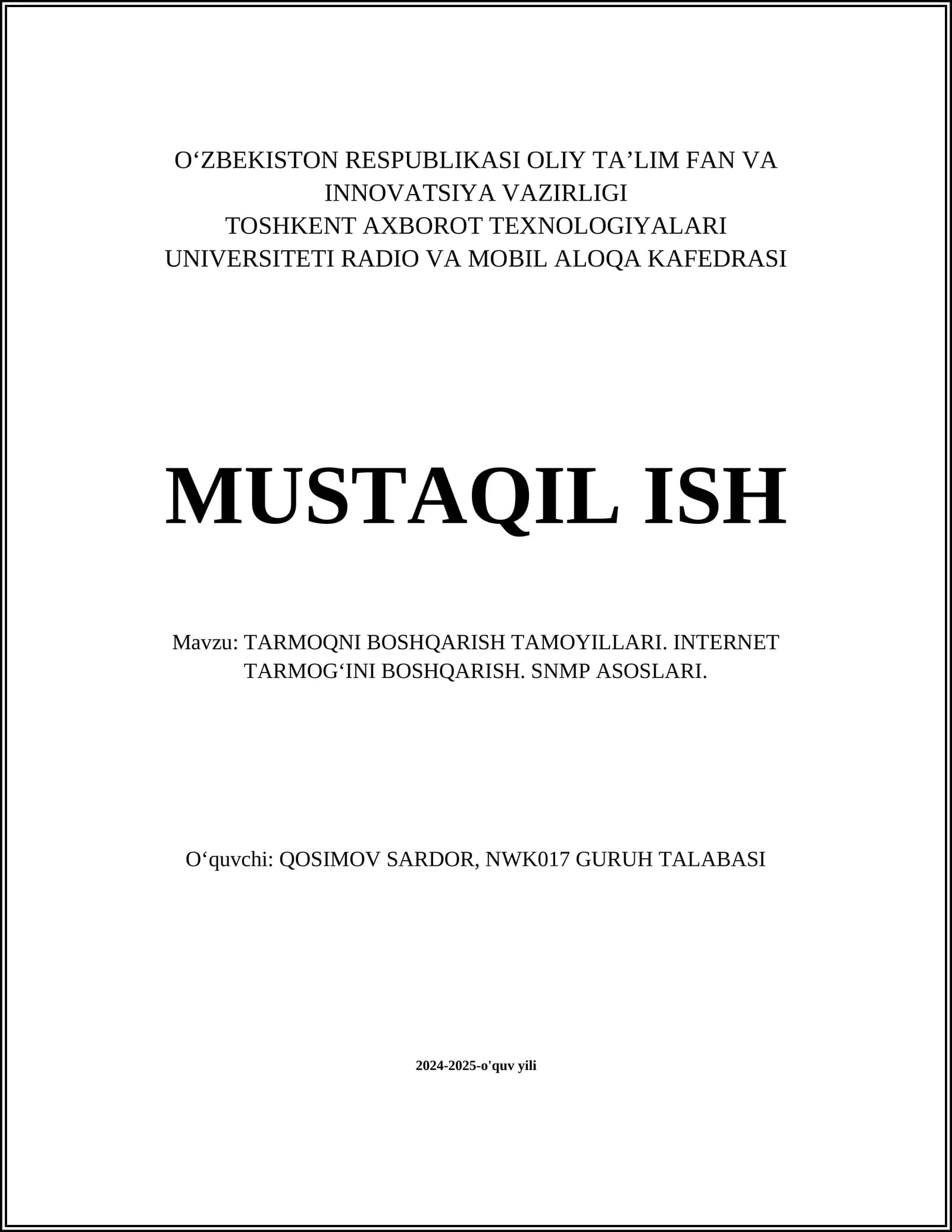 Tarmoqni Boshqarish Tamojillari