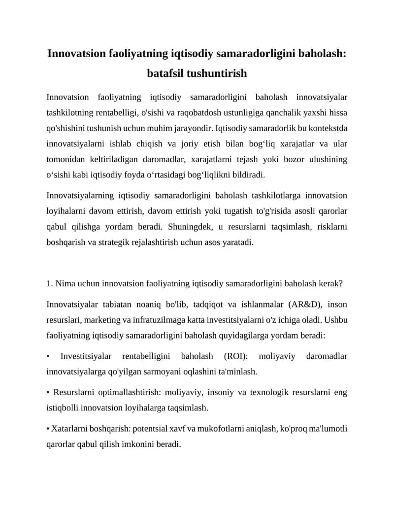 Innovatsion faoliyatning iqtisodiy samaradorligini baholash