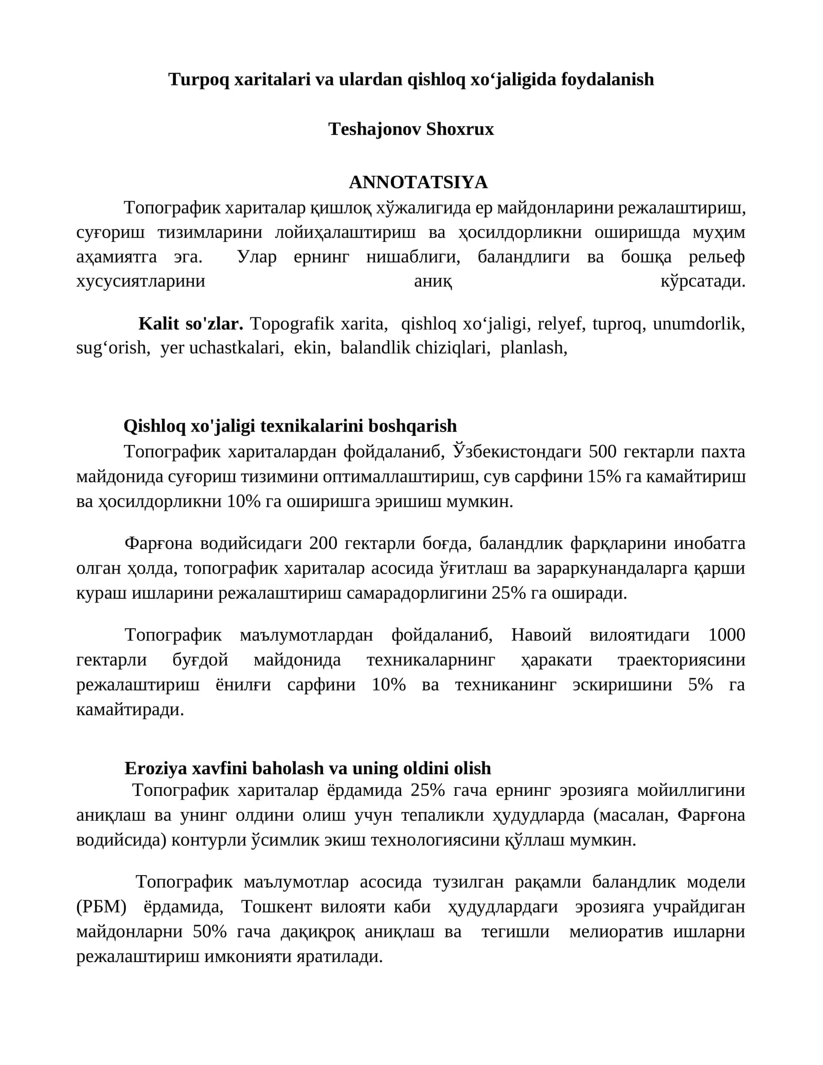 Турпоқ хариталари ва улардан қишлоқ хўжалигида фойдаланиш