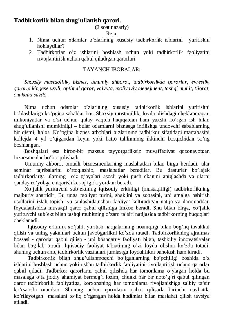 Tadbirkorlik bilan shug’ullanish qarori