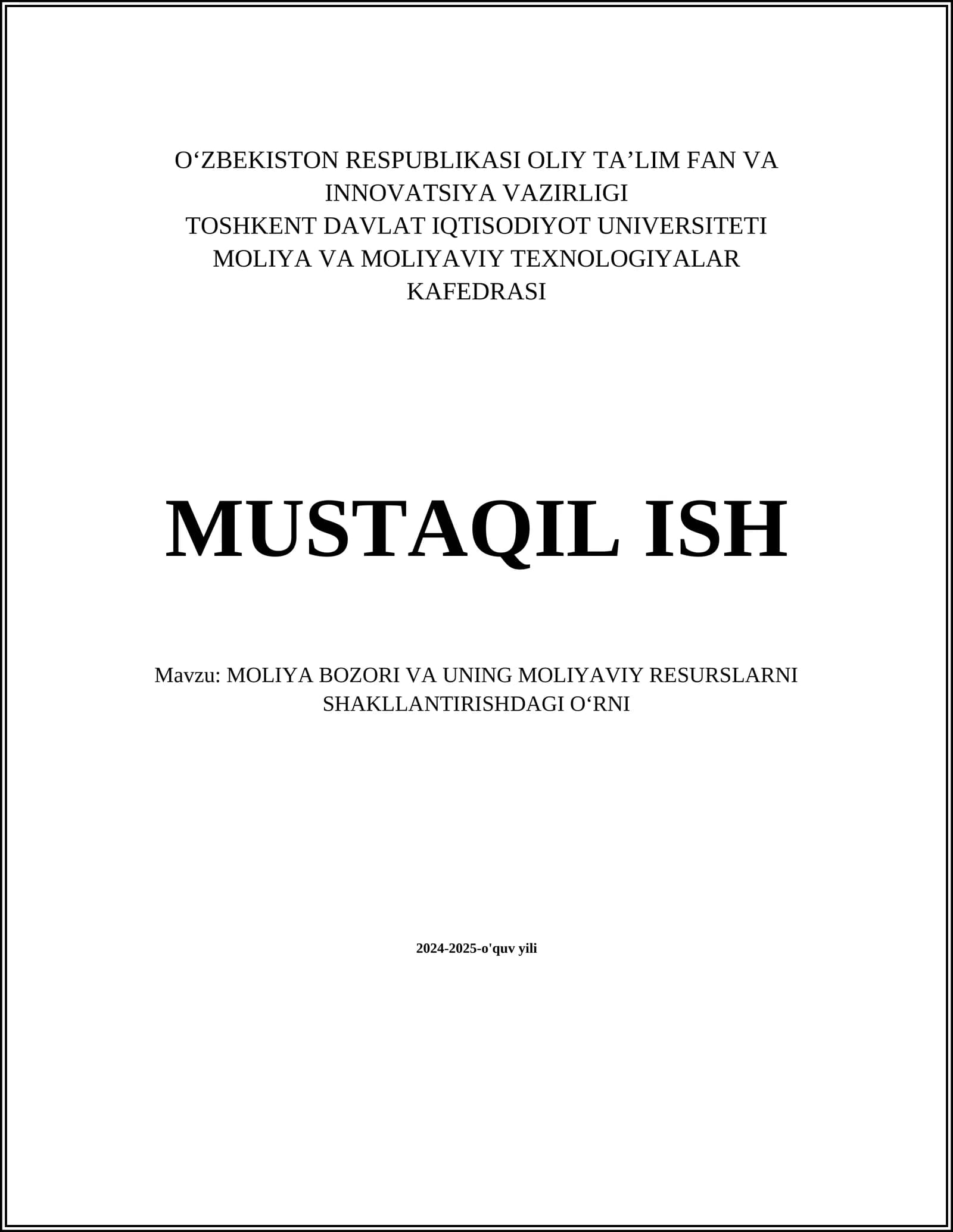 Moliya Bozori va Uning Moliyaviy Resurslarni Shakllantirishdagi Oʻrni