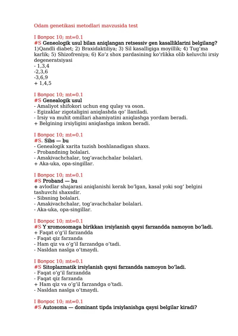 Odam genetikasi metodlari mavzusida test