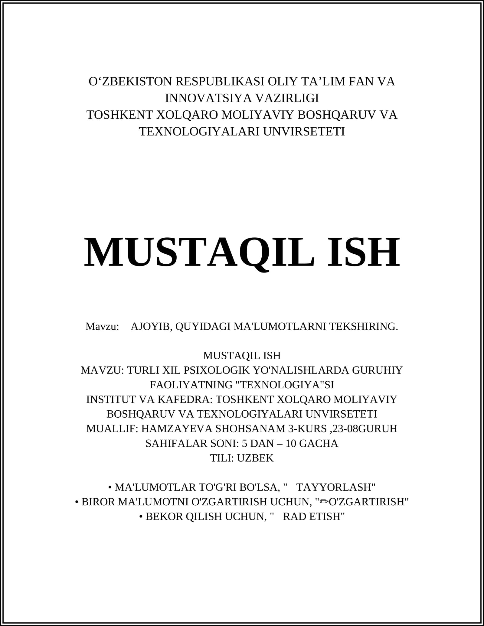 AJOYIB, QUYIDAGI MA'LUMOTLARNI TEKSHIRING