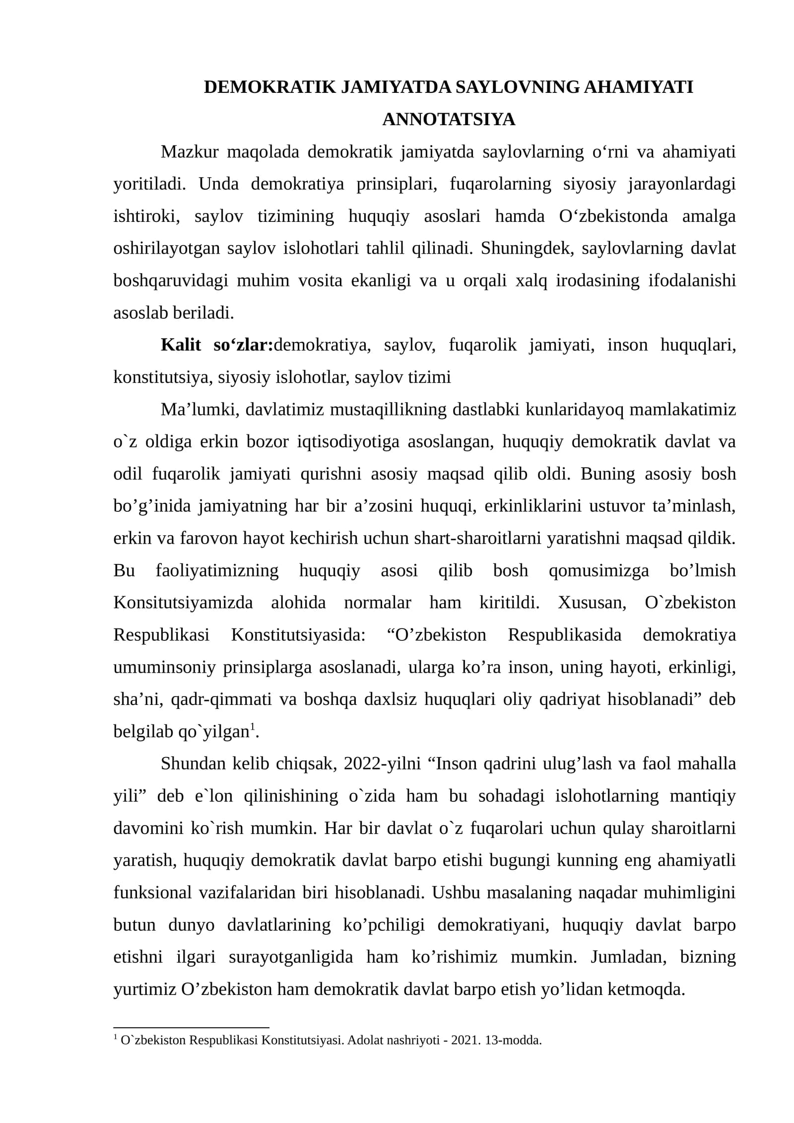 DEMOKRATIK JAMIYATDA SAYLOVNING AHAMIYATI