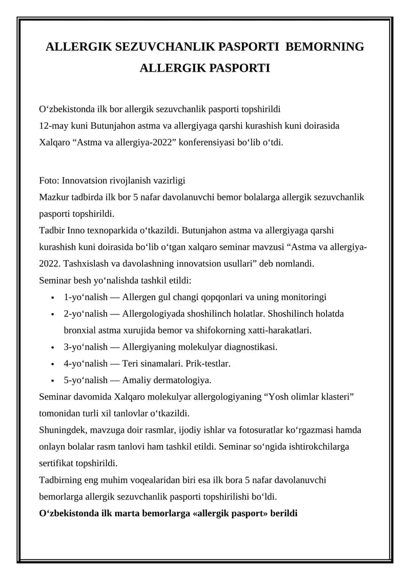 Allergik Sezuvchanlik Pasporti