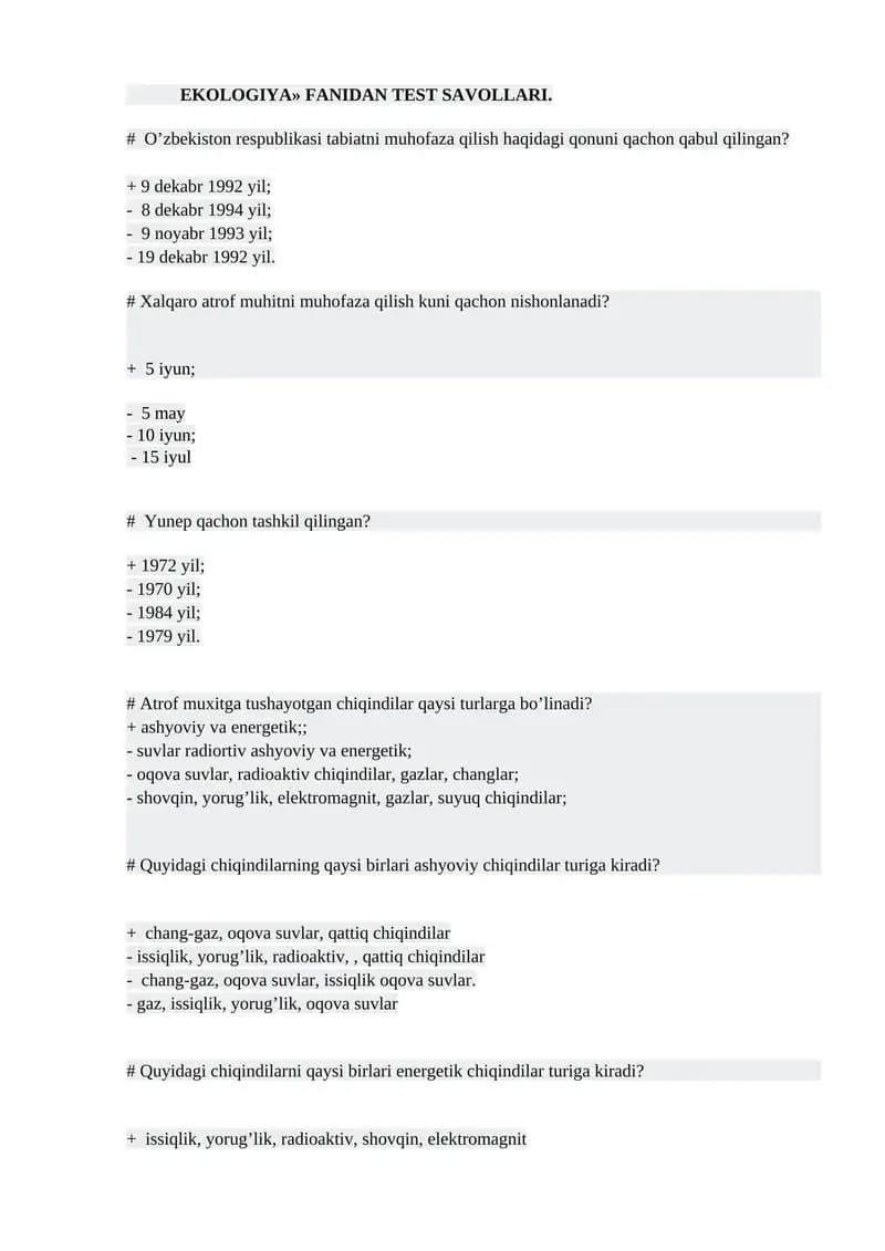 EKOLOGIYA» FANIDAN TEST SAVOLLARI