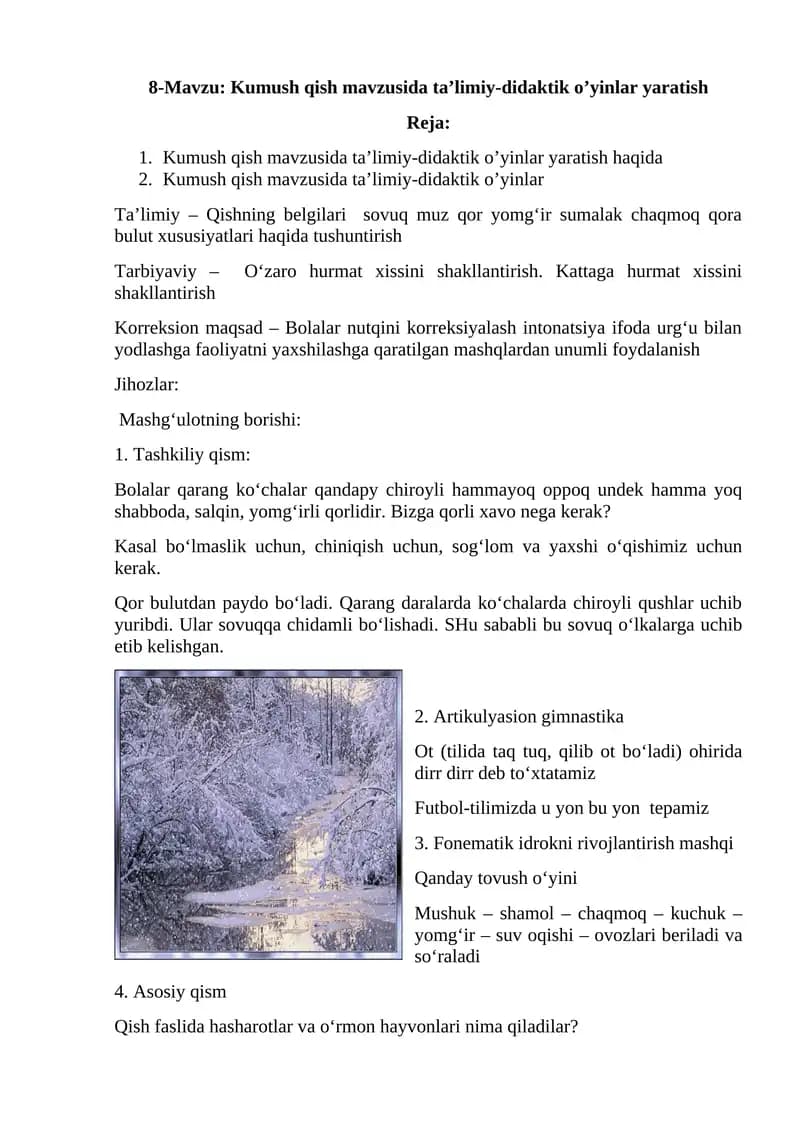 Kumush qish mavzusida ta’limiy-didaktik o’yinlar yaratish