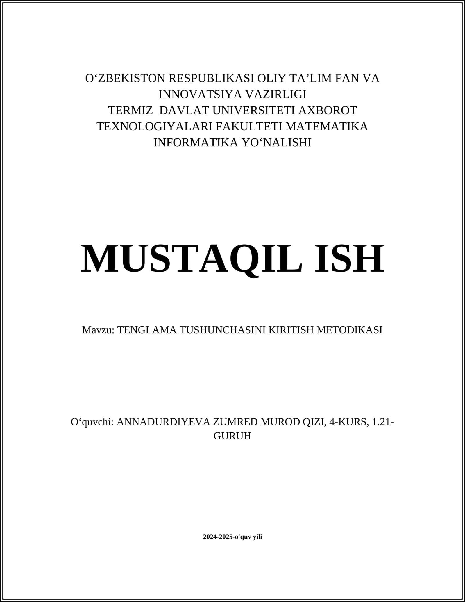 TENGLAMA TUSHUNCHASINI KIRITISH METODIKASI