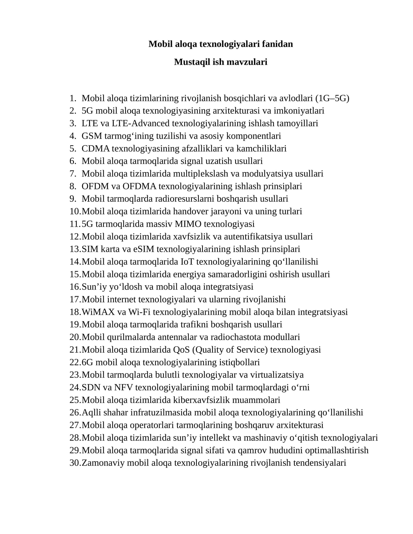 Mobil aloqa texnologiyalari fanidan