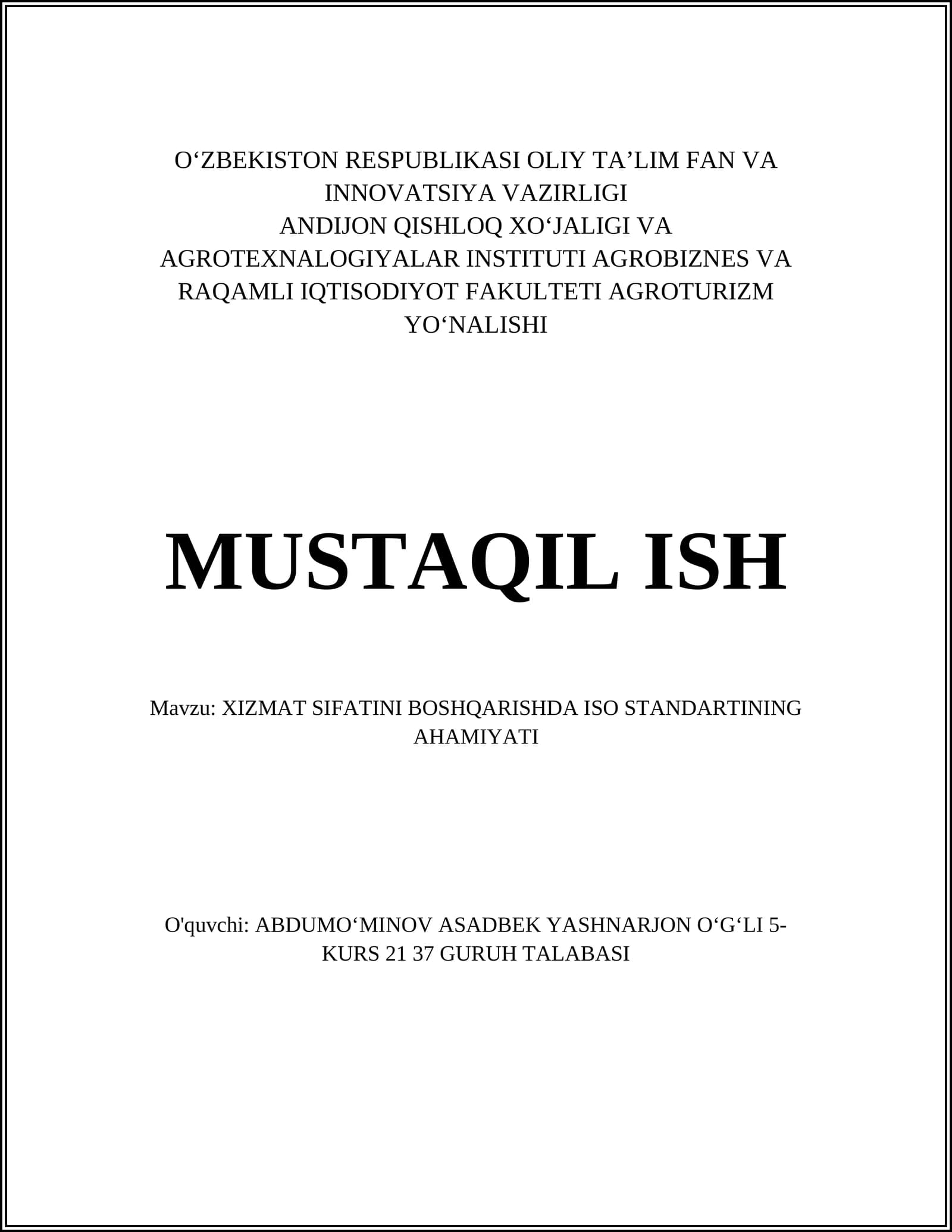 XIZMAT SIFATINI BOSHQARISHDA ISO STANDARTINING AHAMIYATI