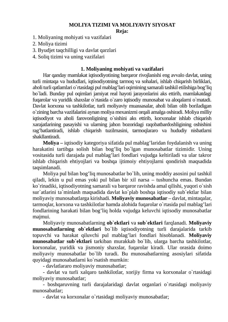 MOLIYA TIZIMI VA MOLIYAVIY SIYOSAT