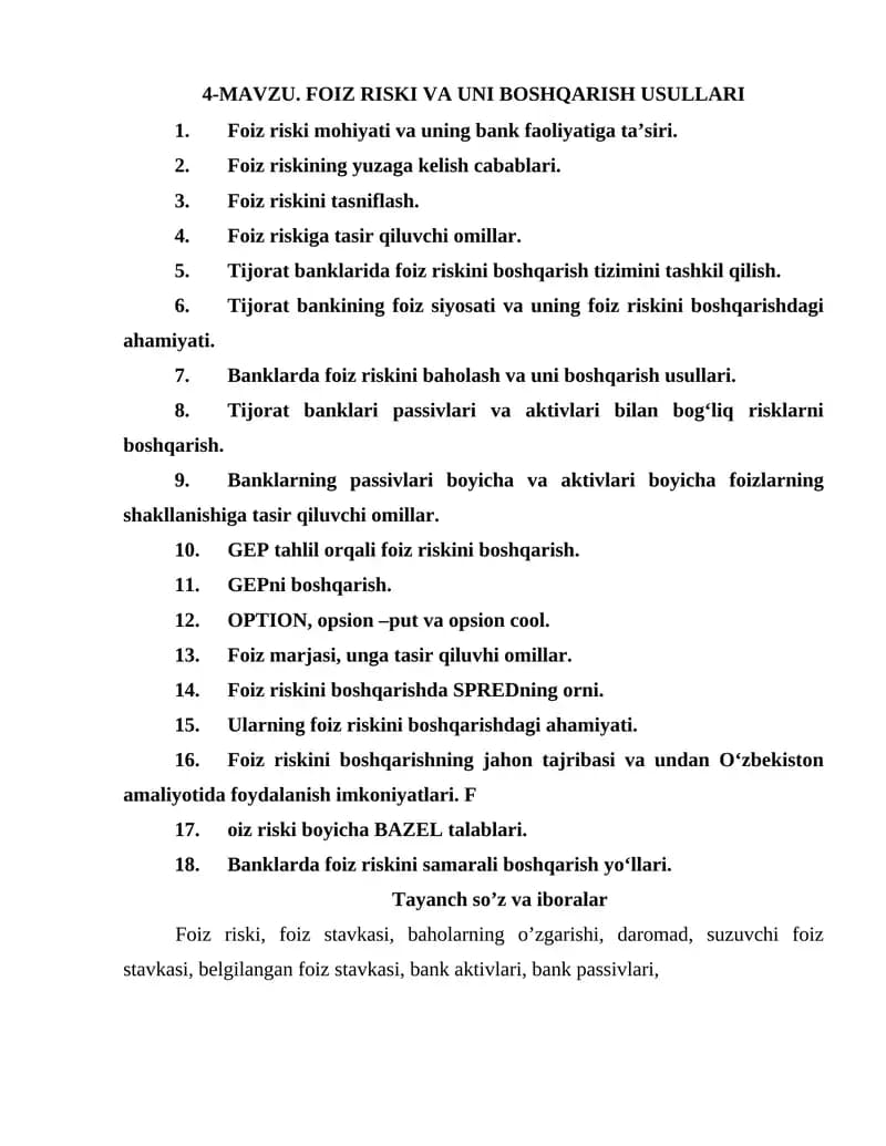 FOIZ RISKI VA UNI BOSHQARISH USULLARI