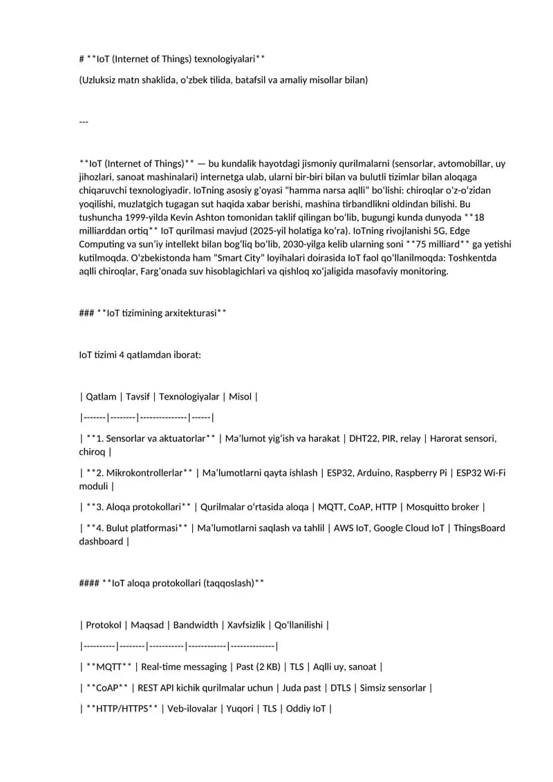IoT (Internet of Things) texnologiyalari