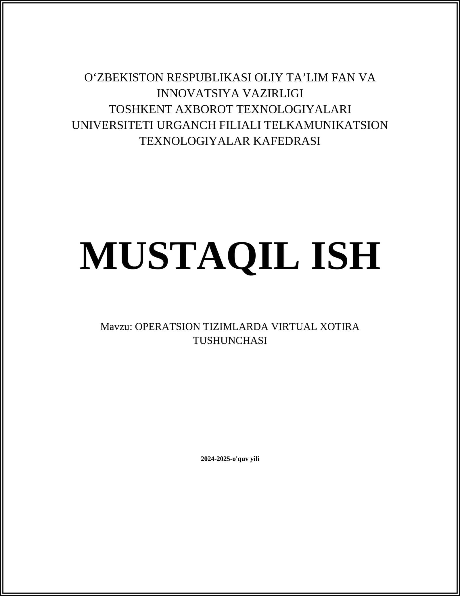 OPERATSION TIZIMLARDA VIRTUAL XOTIRA TUSHUNCHASI