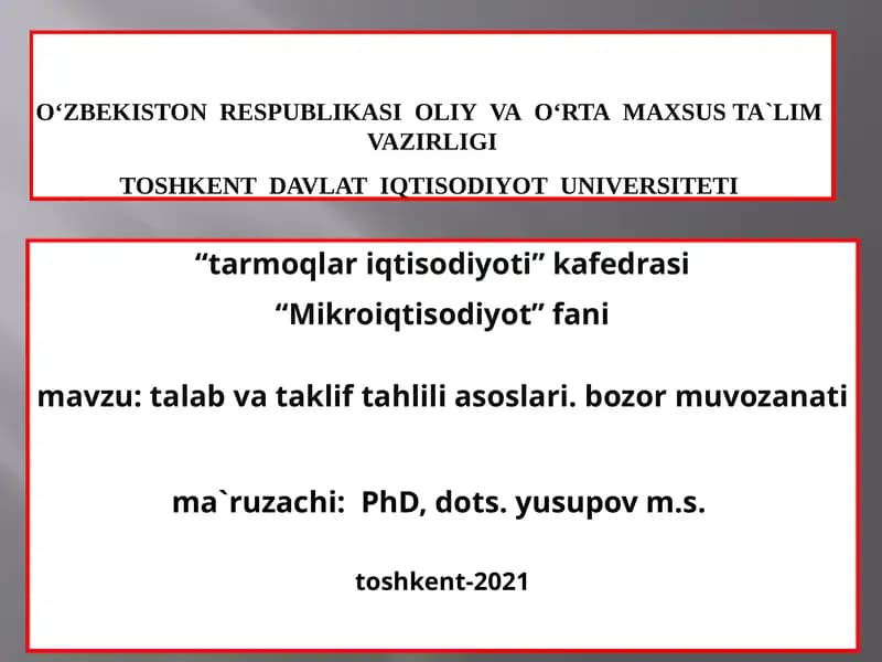 Mikroiqtisodiyot fanidan ta'lim mashg'uli