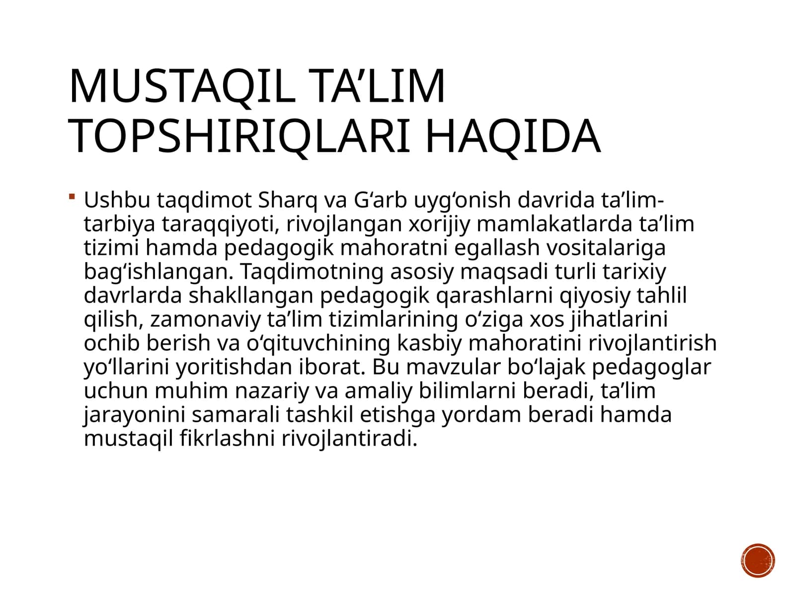 Mustaqil ta'lim topshiriqlari