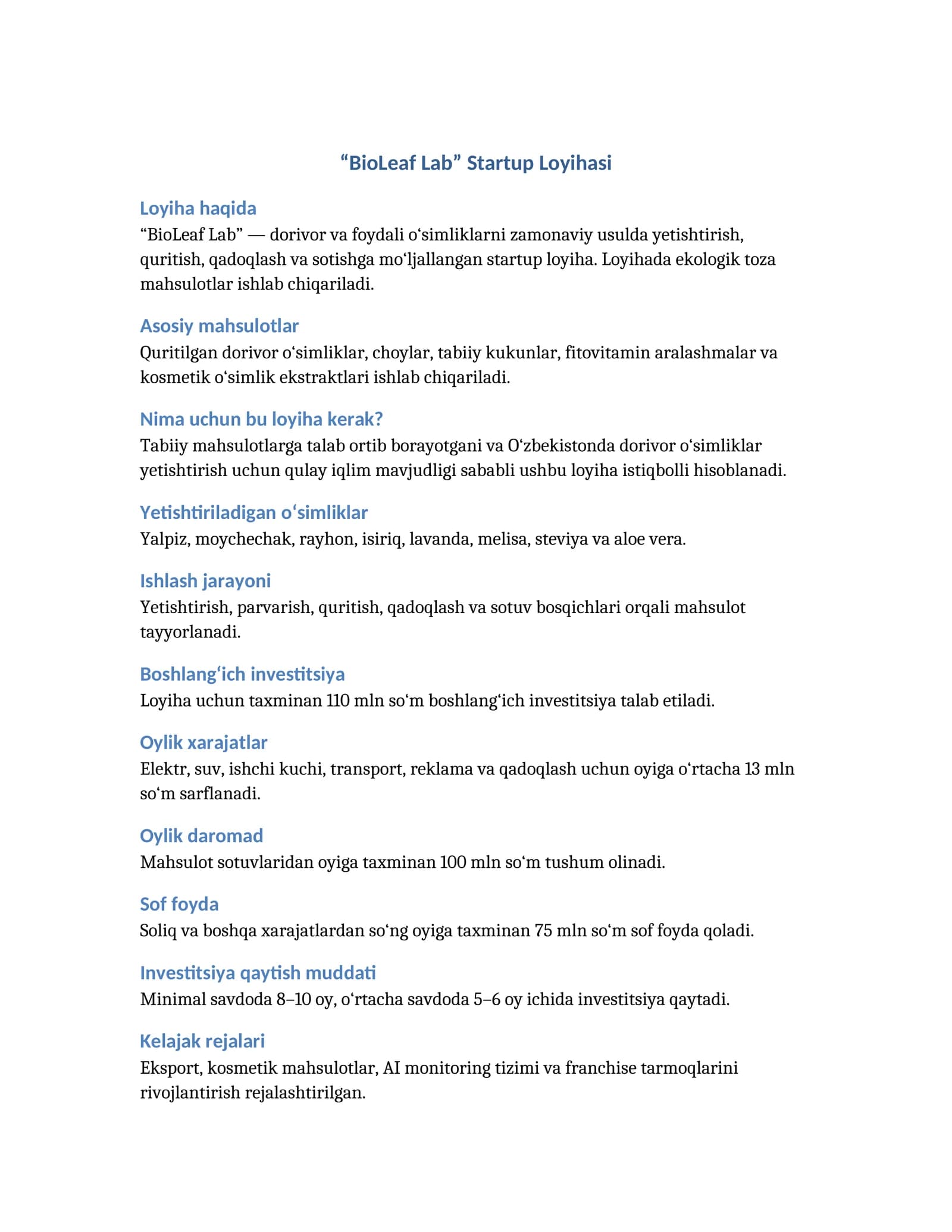 “BioLeaf Lab” Startup Loyihasi