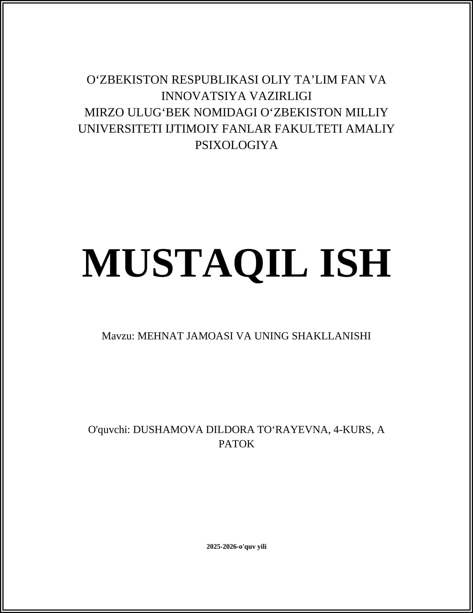 MEHNAT JAMOASI VA UNING SHAKLLANISHI