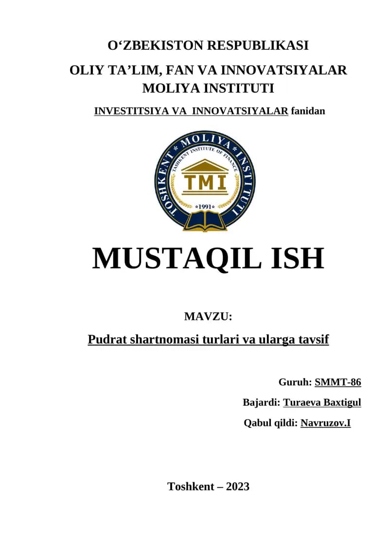 Pudrat shartnomasi turlari va ularga tavsif